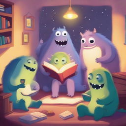 A whimsical scene of friendly monsters gathered around a cozy room, reading bedtime stories to each other
