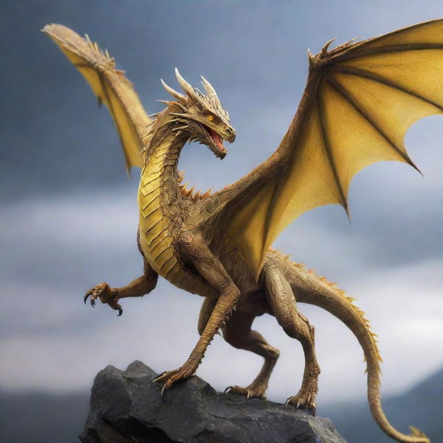 A high fantasy, blur-toned dragon with webbed talons, webbing along its spine, a stinger tail, and bright yellow eyes. It has large wings that can tuck closely to its body, presenting a majestic and beautiful spectacle.