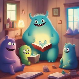 A whimsical scene of friendly monsters gathered around a cozy room, reading bedtime stories to each other