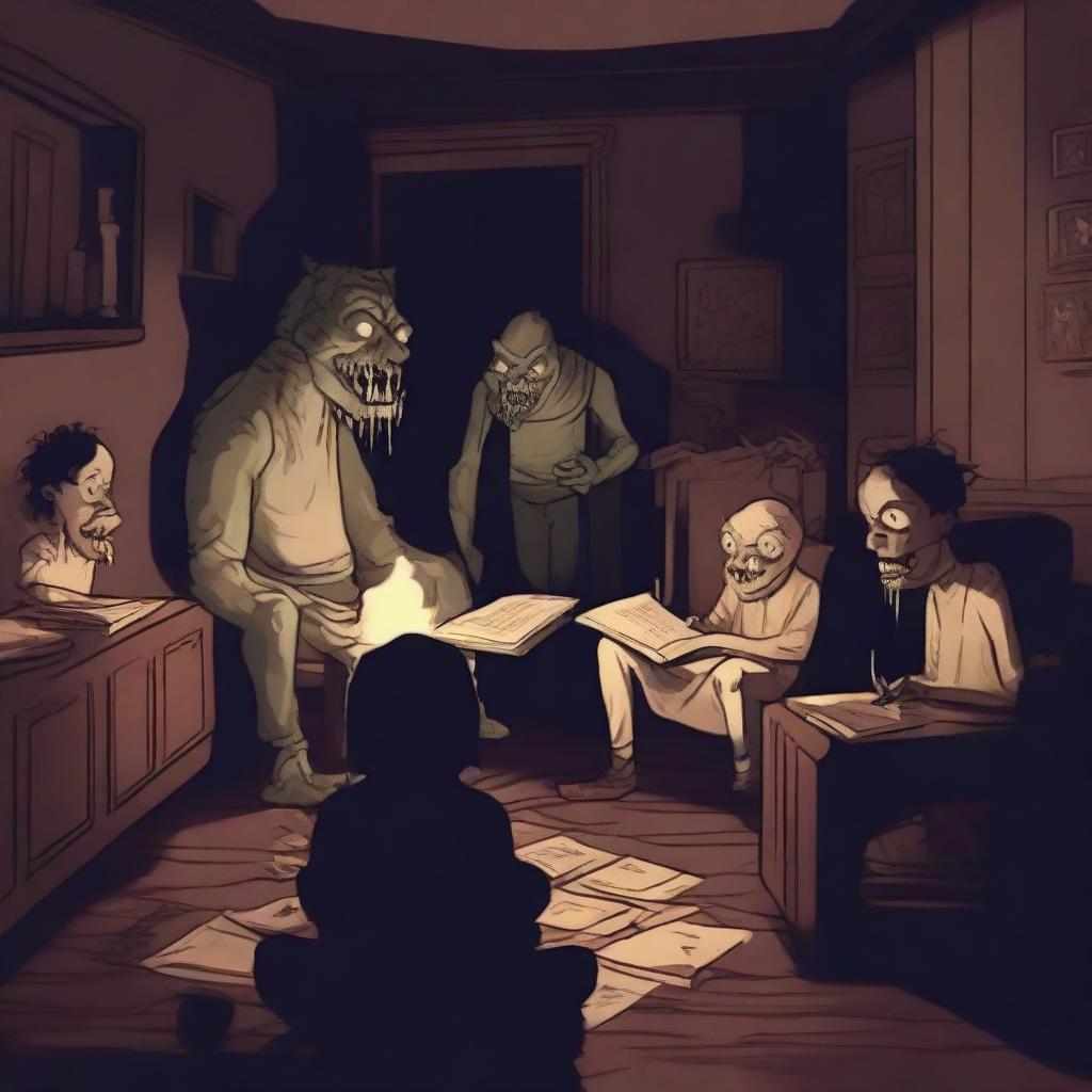 A chilling scene of scary monsters gathered around a dark, eerie room, reading bedtime stories to each other