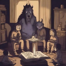 A chilling scene of scary monsters gathered around a dark, eerie room, reading bedtime stories to each other