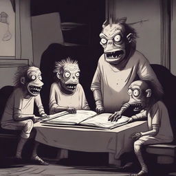 A chilling scene of scary monsters gathered around a dark, eerie room, reading bedtime stories to each other