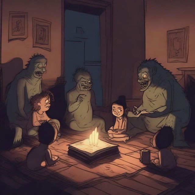 A chilling scene of scary monsters gathered around a dark, eerie room, reading bedtime stories to each other