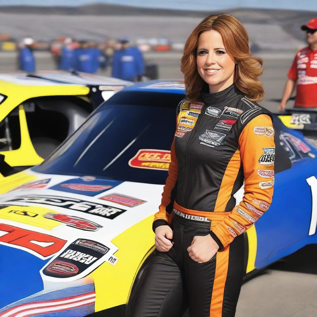 Jenna Fischer wearing a stylish and form-fitting NASCAR racing outfit, standing confidently next to a race car