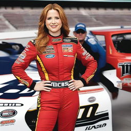 Jenna Fischer wearing a stylish and form-fitting NASCAR racing outfit, standing confidently next to a race car