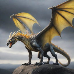 A high fantasy, blur-toned dragon with webbed talons, webbing along its spine, a stinger tail, and bright yellow eyes. It has large wings that can tuck closely to its body, presenting a majestic and beautiful spectacle.