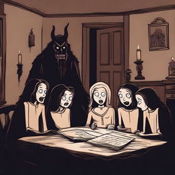 A terrifying scene of demonic creatures gathered around a dark, haunted room, reading sinister bedtime stories to each other