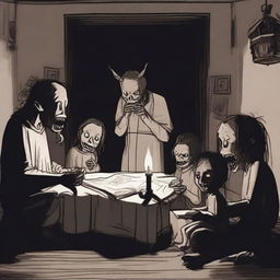 A terrifying scene of demonic creatures gathered around a dark, haunted room, reading sinister bedtime stories to each other