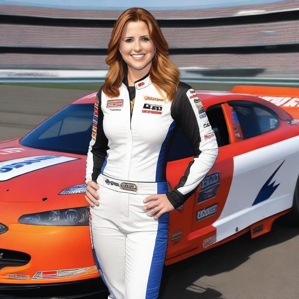 Jenna Fischer wearing a sleek and form-fitting NASCAR racing outfit that accentuates her figure, standing confidently next to a race car