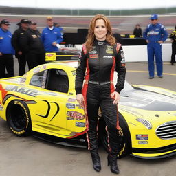 Jenna Fischer wearing a sleek and form-fitting NASCAR racing outfit that accentuates her figure, standing confidently next to a race car