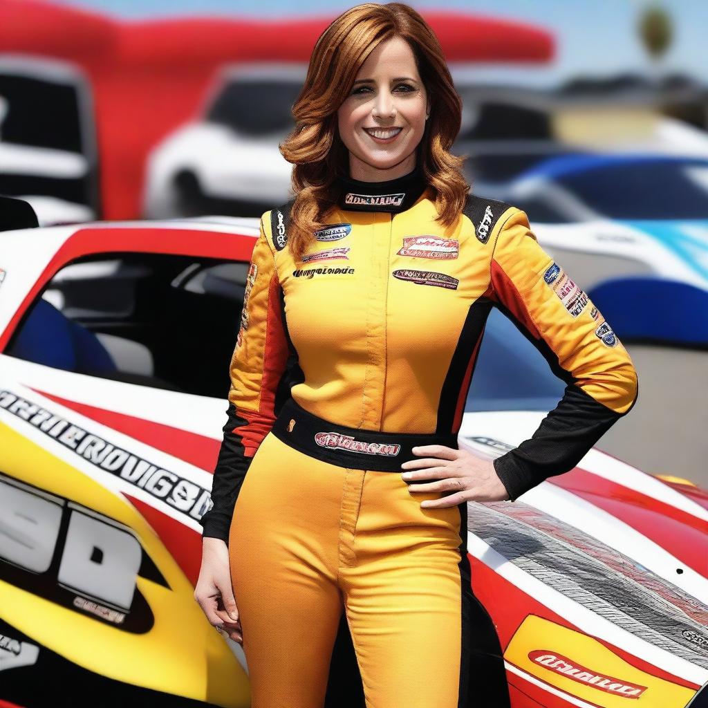 Jenna Fischer wearing an alluring and form-fitting NASCAR racing outfit that accentuates her figure, standing confidently next to a race car