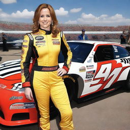 Jenna Fischer wearing an alluring and form-fitting NASCAR racing outfit that accentuates her figure, standing confidently next to a race car