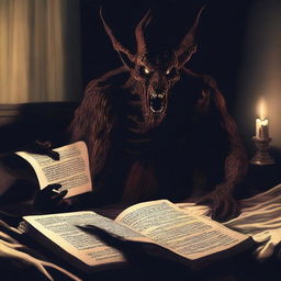 A frightening scene of a demonic creature reading a sinister bedtime story to a person lying in bed