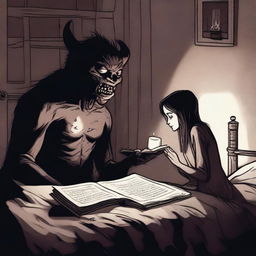 A frightening scene of a demonic creature reading a sinister bedtime story to a person lying in bed