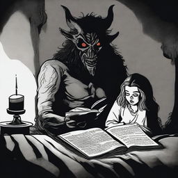 A frightening scene of a demonic creature reading a sinister bedtime story to a person lying in bed