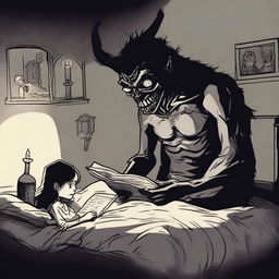 A frightening scene of a demonic creature reading a sinister bedtime story to a person lying in bed