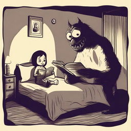 A chilling scene of a scary monster reading a creepy bedtime story to a person lying in bed