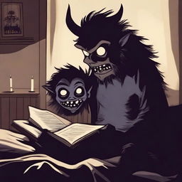 A chilling scene of a scary monster reading a creepy bedtime story to a person lying in bed