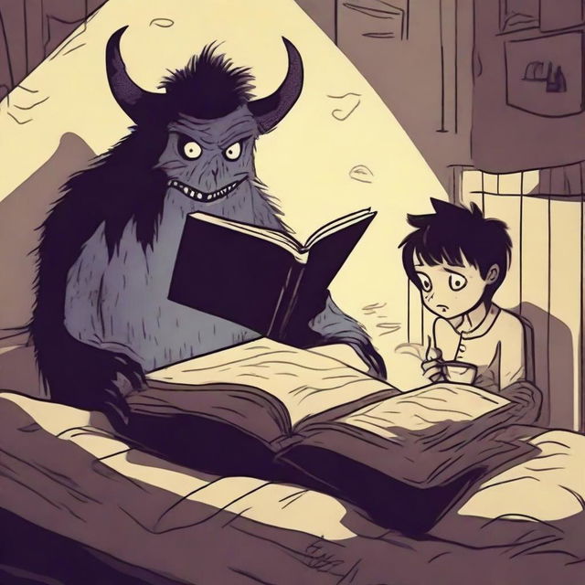 A chilling scene of a scary monster reading a creepy bedtime story to a person lying in bed