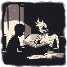 A chilling scene of a scary monster reading a creepy bedtime story to a person lying in bed