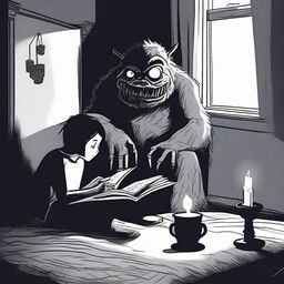 A suspenseful scene of a person reading a scary bedtime story while a menacing monster watches from the shadows