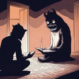 A suspenseful scene of a person reading a scary bedtime story while a menacing monster watches from the shadows