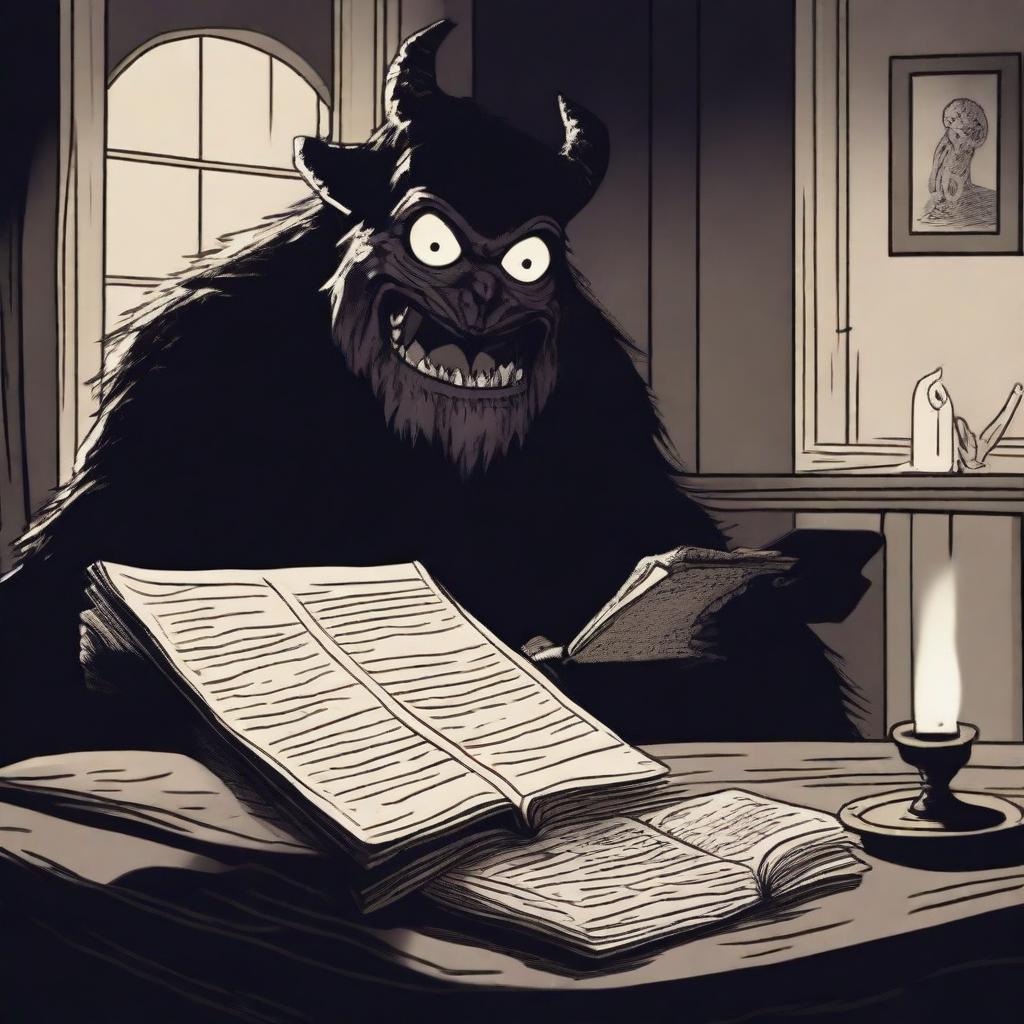 A suspenseful scene of a person reading a scary bedtime story while a menacing monster watches from the shadows