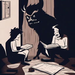 A suspenseful scene of a person reading a scary bedtime story while a menacing monster watches from the shadows