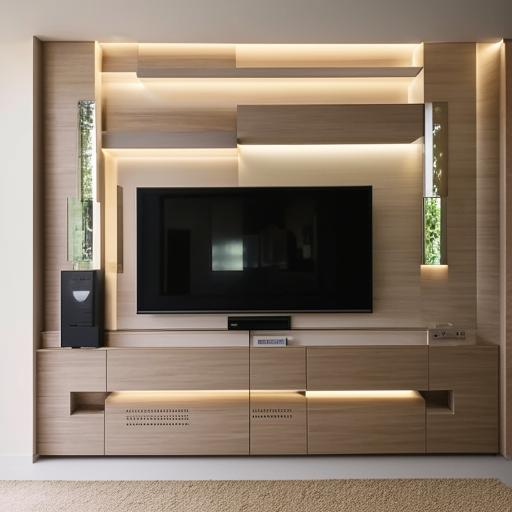 An elegant and modern living room with a strategically placed TV wall. The wall is adorned with interesting design elements that serve both functional and aesthetic purposes.