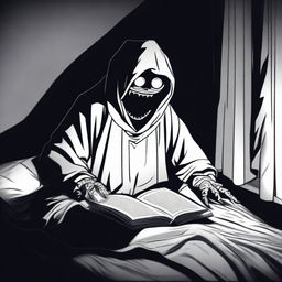 A suspenseful scene of a person reading a scary bedtime story under the bedsheet covers with a flashlight