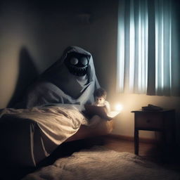 A suspenseful scene of a person reading a scary bedtime story under the bedsheet covers with a flashlight