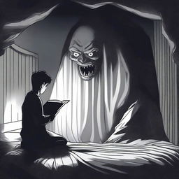 A suspenseful scene of a person reading a scary bedtime story under the bedsheet covers with a flashlight