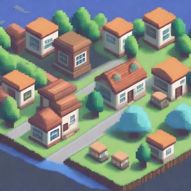 Create a detailed and vibrant pixel art image of a town