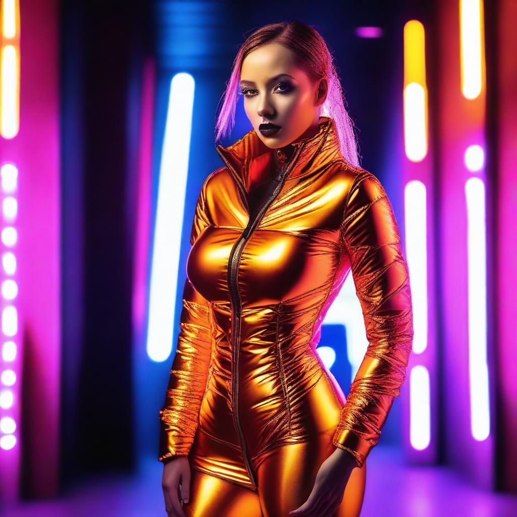 A stylish woman wearing a tight, shiny orange puffer corset, posing confidently