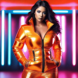 A stylish woman wearing a tight, shiny orange puffer corset, posing confidently