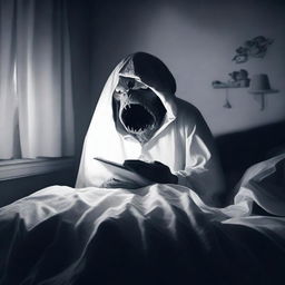 A suspenseful scene of a person reading a scary bedtime story under the bedsheet covers with a flashlight