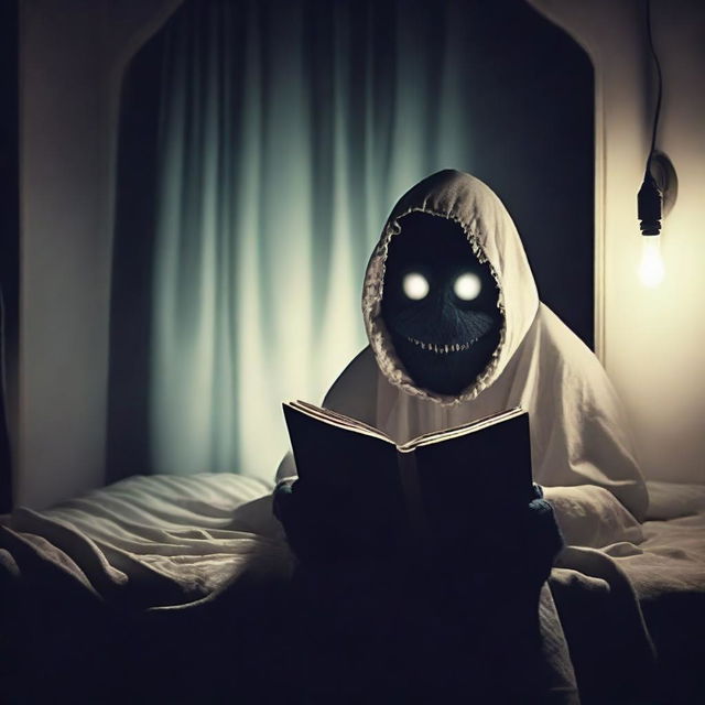 A suspenseful scene of a person reading a scary bedtime story under the bedsheet covers with a flashlight