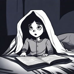 A person reading a scary bedtime story under the bedsheet covers with a flashlight