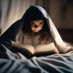 A person reading a scary bedtime story under the bedsheet covers with a flashlight