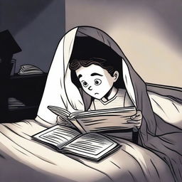 A person reading a scary bedtime story under the bedsheet covers with a flashlight