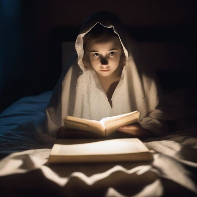 A person reading a scary bedtime story under the bedsheet covers with a flashlight