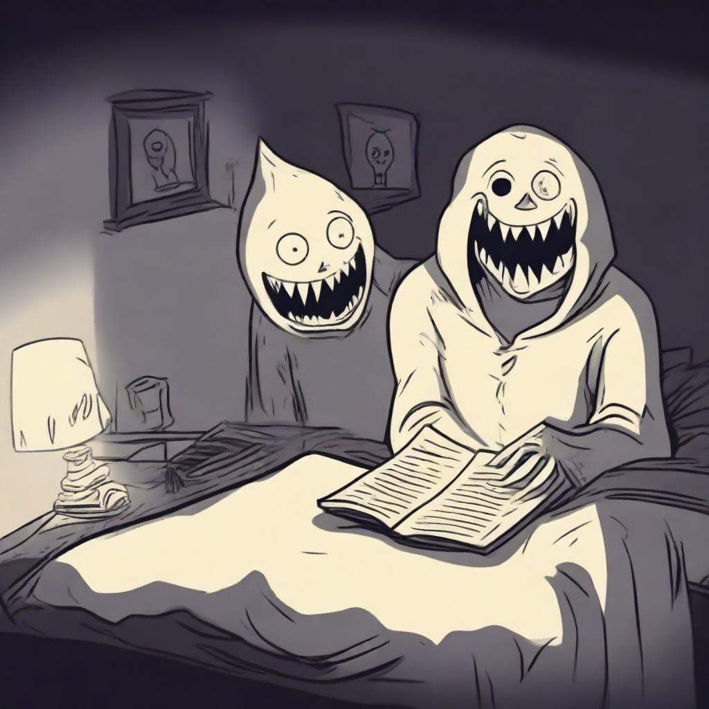 A person reading a scary bedtime story under the bedsheet covers with a flashlight