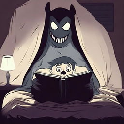 A person reading a scary bedtime story under the bedsheet covers with a flashlight