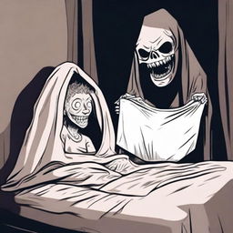 A person reading a scary bedtime story under the bedsheet covers with a flashlight