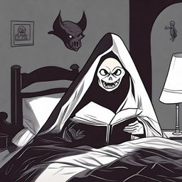 A person reading a scary bedtime story under the bedsheet covers with a flashlight