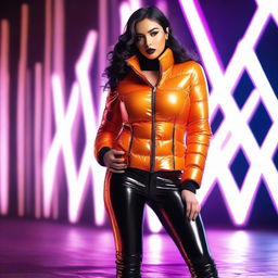 A fashionable woman wearing a tight, shiny orange puffer corset, posing confidently