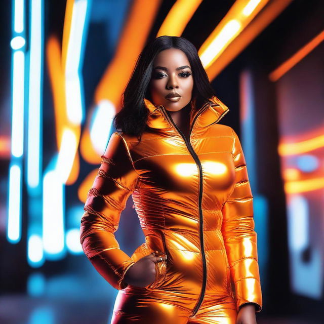 A fashionable woman wearing a tight, shiny orange puffer corset, posing confidently