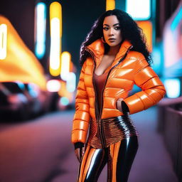 A fashionable woman wearing a tight, shiny orange puffer corset, posing confidently