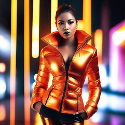 A fashionable woman wearing a tight, shiny orange puffer corset, posing confidently