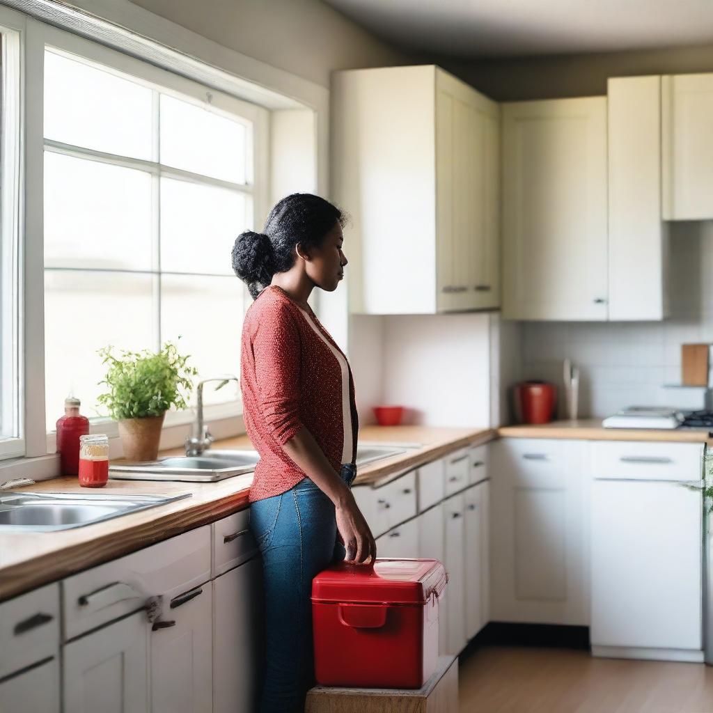 A woman standing in a kitchen, staring out the window with a thoughtful expression